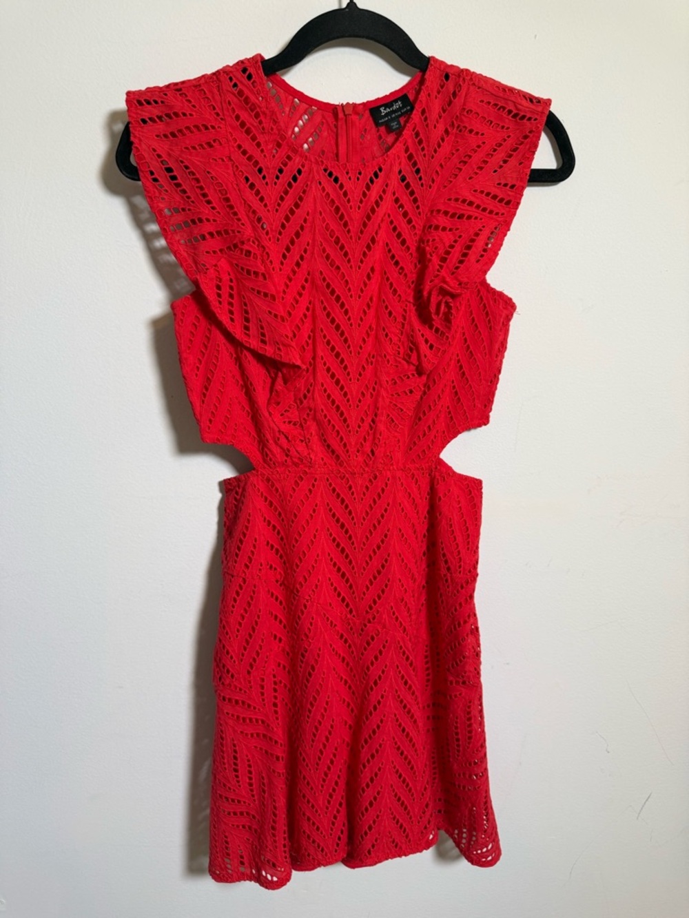 Bardot Red Eyelet Cutout Mini Dress Ruffle Romantic Resort Vacation Coastal Chic